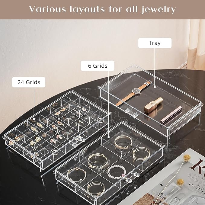 ProCase Acrylic Earrings Holder Organizer Box, Large Clear Earring Jewelry Storage Transparent Stackable Drawers Jewelry Disp