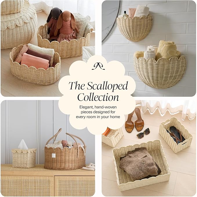 BEBE BASK Premium Baby Diaper Caddy Organizer - Handmade & Award-Winning Scalloped Rattan Basket - Luxury Diaper Caddy Basket