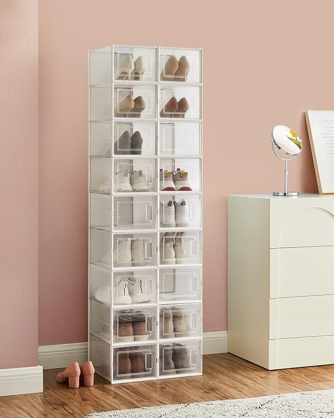 SONGMICS Shoe Boxes, Pack of 18 Shoe Storage Organizers, Stackable Clear Plastic Boxes for Closet, Sneakers, 13.7 x 9.9 x 7.4