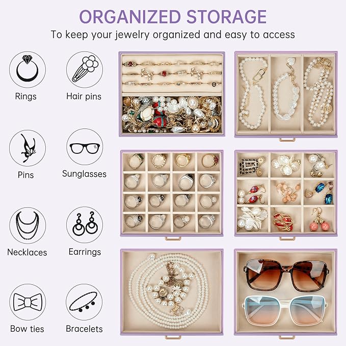 AKOZLIN 6-Tier Jewelry Box Organizer Functional 5 Drawers Leather Jewelry Storage Case for Women Girls Ring Necklace Earring 