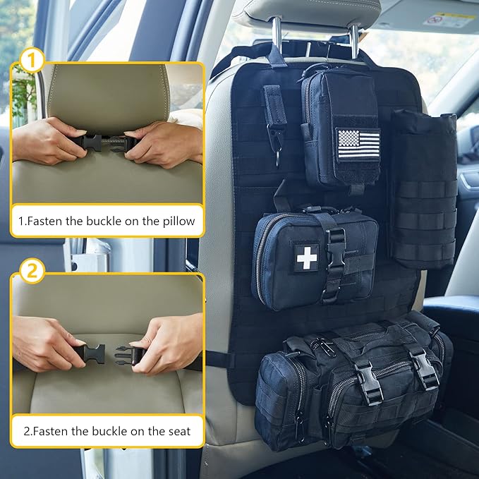 Universal Tactical Car Seat Back Organizer Bag Tactical Molle Vehicle Organizers Panel Vehicle Protector Organizers with 4 Detachable Pouches for Car Truck Ford Jeep Vehicle (Black)