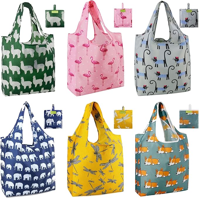 BeeGreen Animal Reusable Shopping Bags Cute Grocery Bag 6 Pack, Christmas Gift Bags Heavy-Duty Foldable Shopping Totes for Supermarket, Work & Travel, Large Washable Polyester Tote Bag with Handles