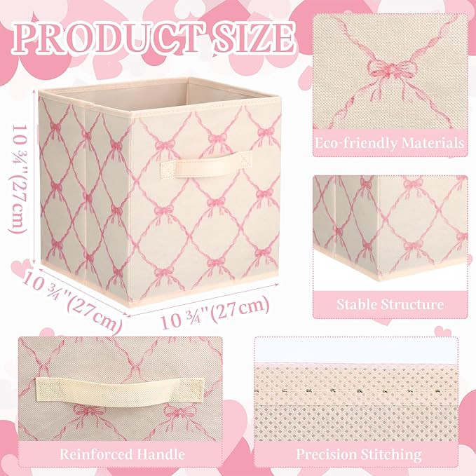 Geelin 6 Pcs Beige Bow Cube Storage Bins 11 Inch Storage Basket with Handle, Preppy Girls Organizer Basket, Collapsible Fabri