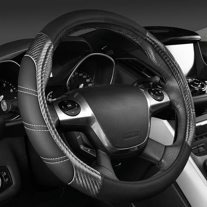 CAR PASS Leather Steering Wheel Cover and Waterproof Car Floor Mats,Microfiber Universal Car Combo Fit for 95% Sedan,SUV,Cars