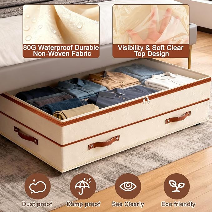 Dolicer 4 Pack Under Bed Storage with Wheels (Beige & Green), 4 Pack 92L XXXL 6in-10in Height Adjustable Underbed Storage Con