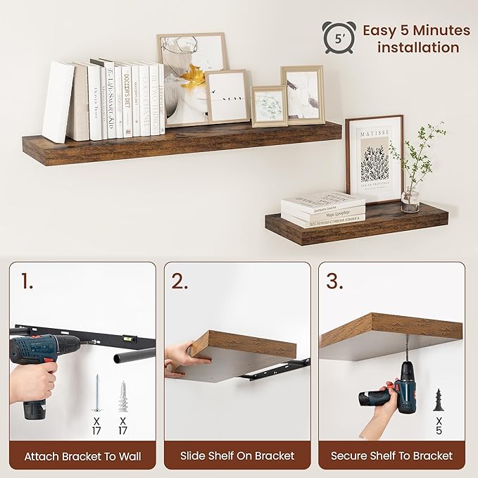 Vivelove 12" Deep Floating Shelves Over Toilet, 24" Wall Shelves for Bathroom Bedroom Kitchen Living Room Laundry Room, Farmh