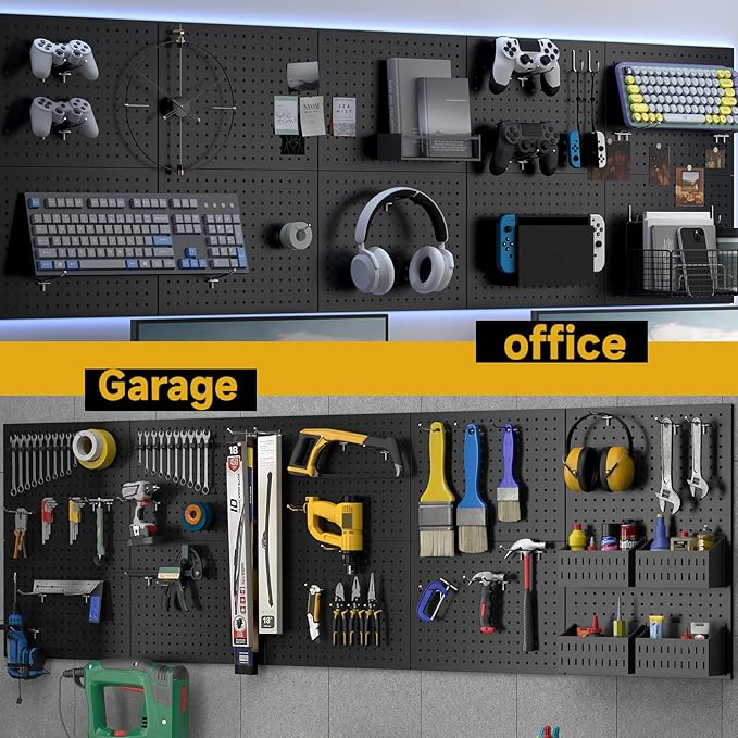 Metal Pegboard,4 Pack Metal Pegboard Panels With 8 Hooks,Black Pegboard Wall Organizer,16"x12" Steel Peg Boards for Walls,Too