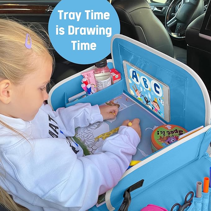MENZOKE Kids Travel Tray for Boys or Girls, Travel Tray for Kids Car Seat with Tablet Holder, Dry Erase Board & Cooler Cup Ho