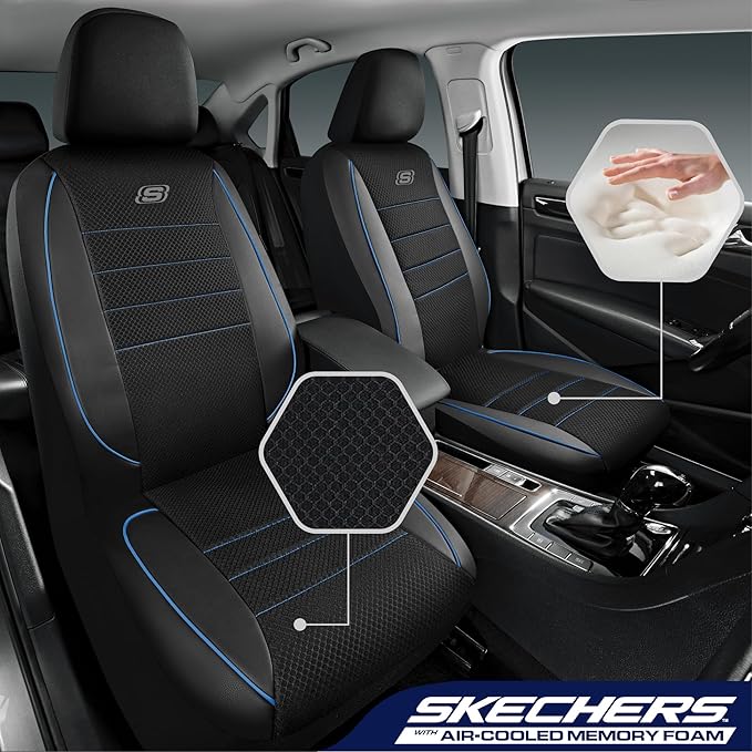 Skechers Air-Cooled Memory Foam Seat Covers,Mesh Thick Car Seat Covers,Piping Leather Car Seat Covers Front Seats,Airbag Comp