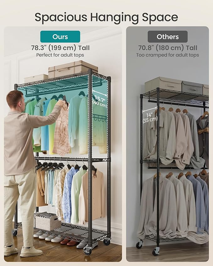 SONGMICS Heavy-Duty Rolling Clothes Rack, Garment Rack, Portable Closet on Wheels, with Adjustable Mesh Shelves and Hanging R