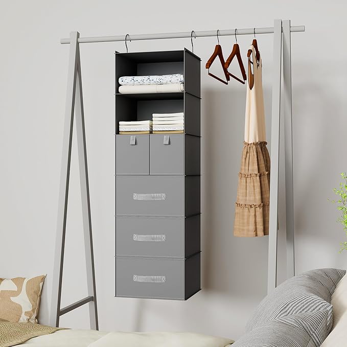 6-Shelves Hanging Closet Organizer with 5 Different Drawers, Foldable Closet Organizers and Storage for Wardrobe, Closet& RV,