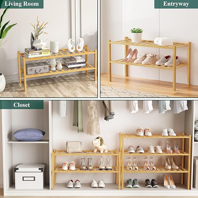 Smiry Shoe Rack, 6 Tier Bamboo Shoe Organizer, Stackable Free Standing Wooden Shoe Storage Shelf for Closet, Entryway, Front 