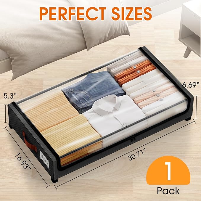 Under Bed Storage with Wheels 1Pack Storage Containers with Clear Window&Label Under Bed Drawers Rolling Under Bed Storage fo