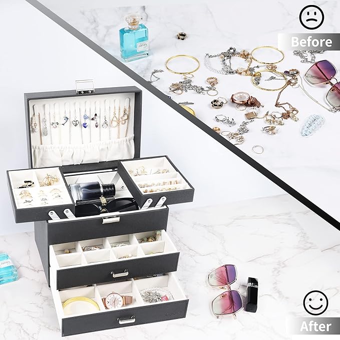 Dajasan Jewelry Organizer Box, Large Jewelry Boxes for Women Girls, Space-Saving 4 Layers Jewelry Storage Case with Drawer, M