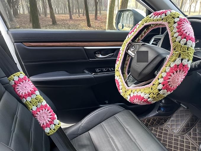 Crochet Sunflower Car Steering Wheel Covers Universal 14-15 inch for Women/Men (A:Wheel Cover+2 Belt Cover)