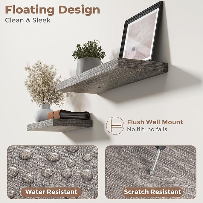 36 Inch Floating Shelves for Wall Set of 2, 8"D Wood Grain Bathroom Shelves with Invisible Brackets, Easy Install Engineered 