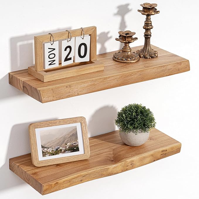 Floating Shelves for Wall Decor, Rustic Solid Elm Wood Live Edge Floating Shelves Wall Mounted, Wall Shelves with Invisible B