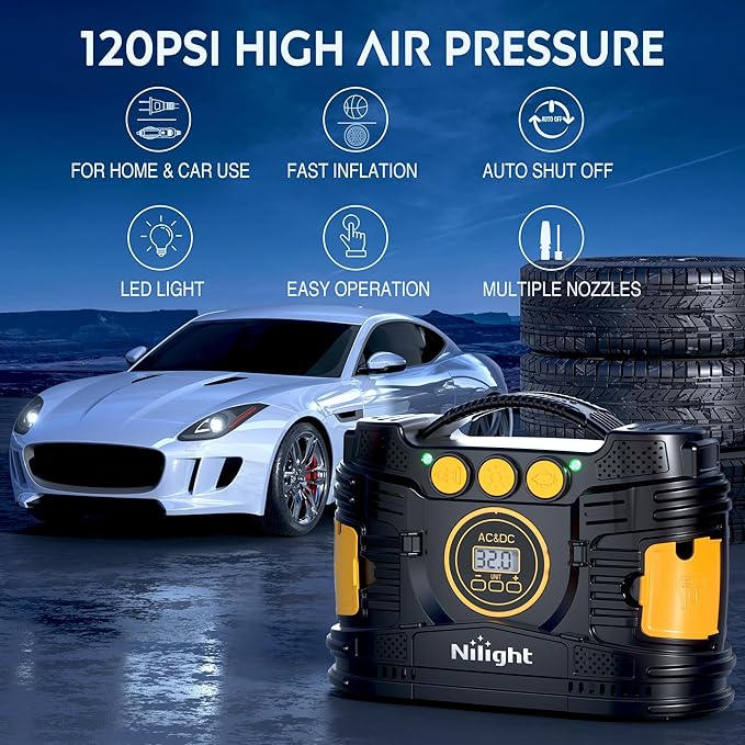 Nilight Tire Inflator Portable Air Compressor Dual Power for Car 12V DC and Home 110V AC Tires Pump Pressure Gauge Fast Inflate Auto Shutoff for Cars SUV Motorcycle Bicycle