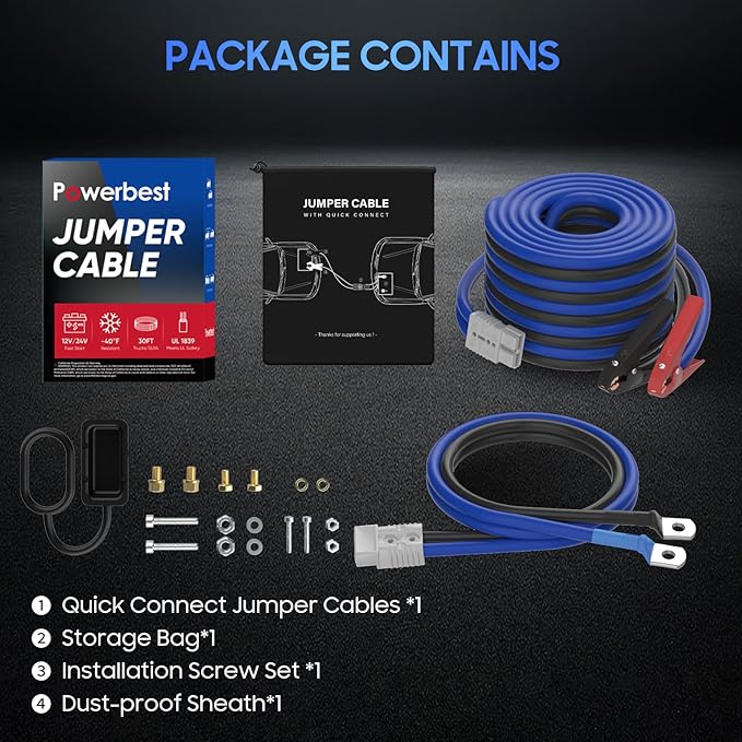 Heavy Duty Jumper Cables - 1 Gauge 30 Feet 900Amp Automotive Booster Jumper Cables with 175A Battery Quick Connect and Permanent Installation kit for Car, SUV and Trucks Battery - (SB175 Gray)