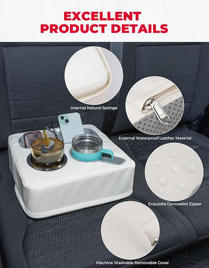 KEMIMOTO Back Seat Cup Holder for Car, Couch Cup Holder, Car Truck Boat Organizer, Couch Sofa Bed Expander Tray Holds Drinks, Snacks, Remote, Cell Mobile Phone (White)
