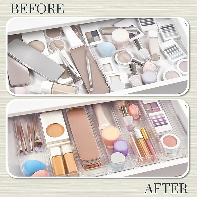 STORi SimpleSort 6-Piece Stackable Clear Drawer Organizer Set | 12" x 3" x 2" Rectangle Trays | Narrow Makeup Vanity Storage 