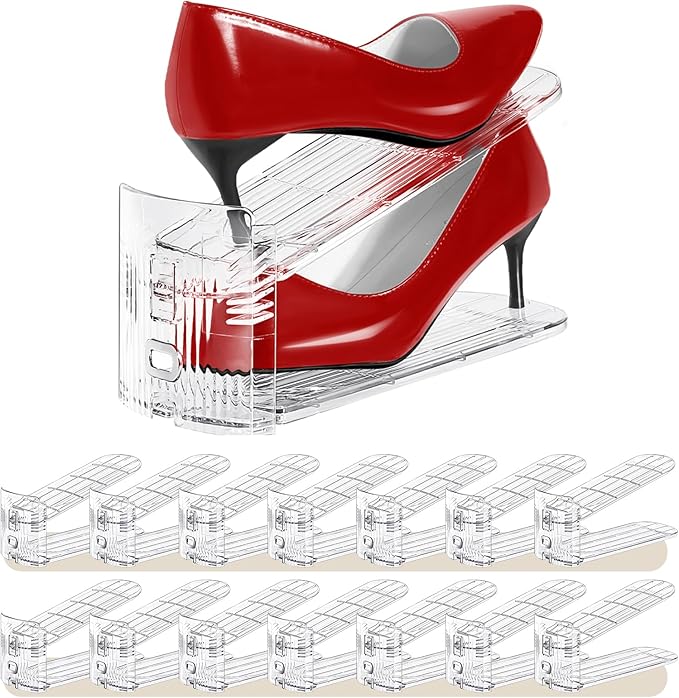 Shoe Slots Organizer 15 Pack - Shoe Stackers,3 Levels Adjustable,Space Savers 50%,Double Layer Holders for Closet (Transparen