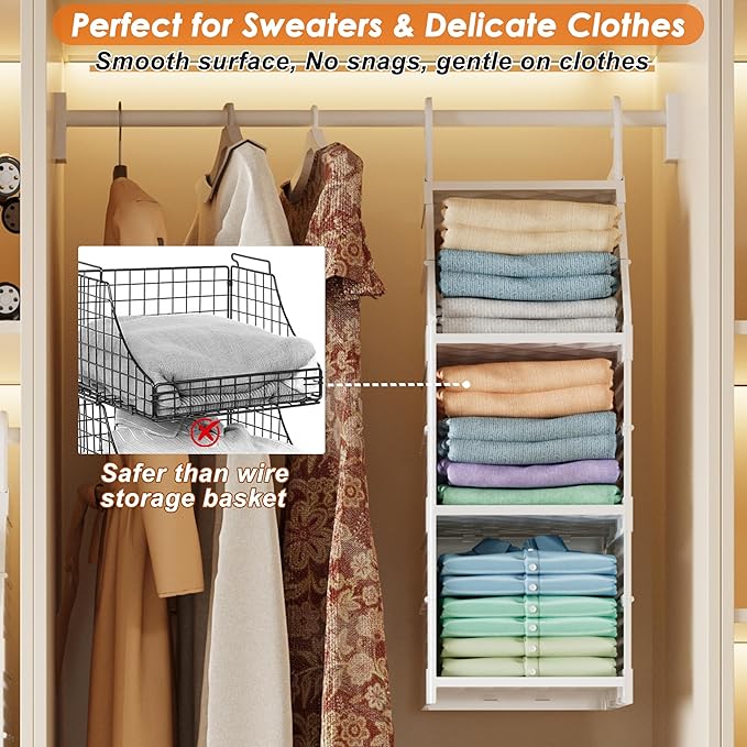 Honkazita 3-Tier Foldable Closet Hanging Organizer, Free-Standing | Hanging Closet Shelves for Wardrobe Laundry Room, Plastic