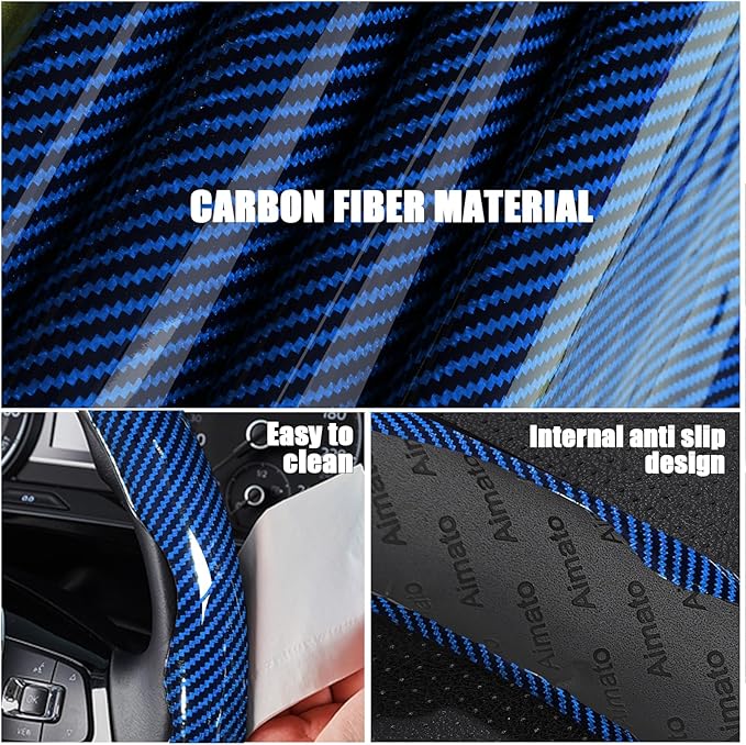 Car Steering Wheel Cover, 3 Piece Bright Carbon Fiber Steering Wheel Covers, Non-Slip Steering Wheel Cover Protector, Great Grip, Universal Car Accessories Decoration for 14.5-15 inch (Blue)