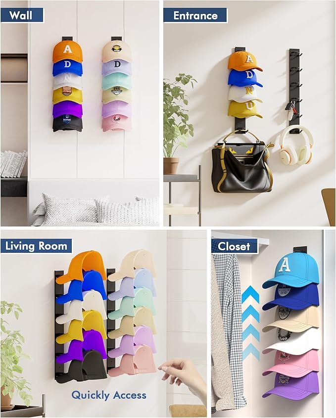 Nunibum Hat Organizer for Baseball Caps 4 Pack, Hat Rack for Wall Hold up to 24 Hats with Strong Adhesive, Multilayer Organiz