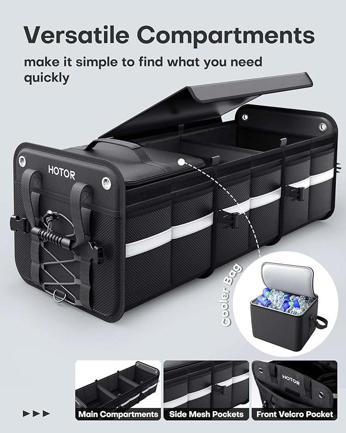 HOTOR Trunk Organizer - 3-Compartment Car Organizer and Storage with Cooler Bag, Foldable Car Storage Organizer for SUV with