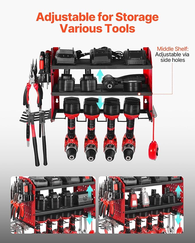 VEVOR Power Tool Organizer Wall Mount, 3-Layer Storage Rack with 4 Drill Holders, Tools Holder and Storage Rack with Side Peg