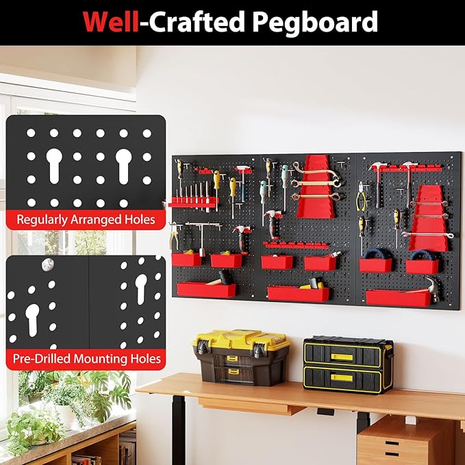 Goplus Pegboard Wall Organizer, 9-Bin Parts Rack Organizer w/Hammer Racks, Tool Holders & Hooks, Heavy-Duty Utility Tool Stor