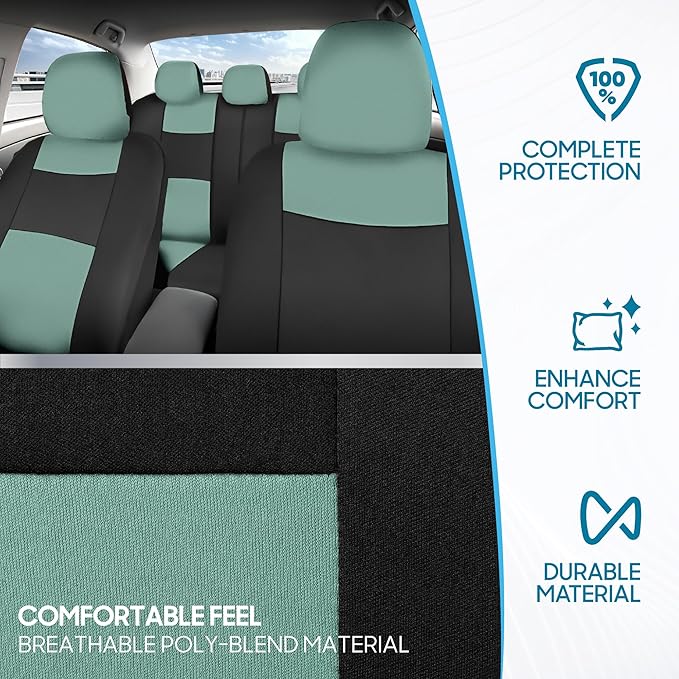 BDK PolyPro Car Seat Covers Full Set in Mint on Black – Front and Rear Split Bench Seat Covers Accessories for Auto Trucks Va