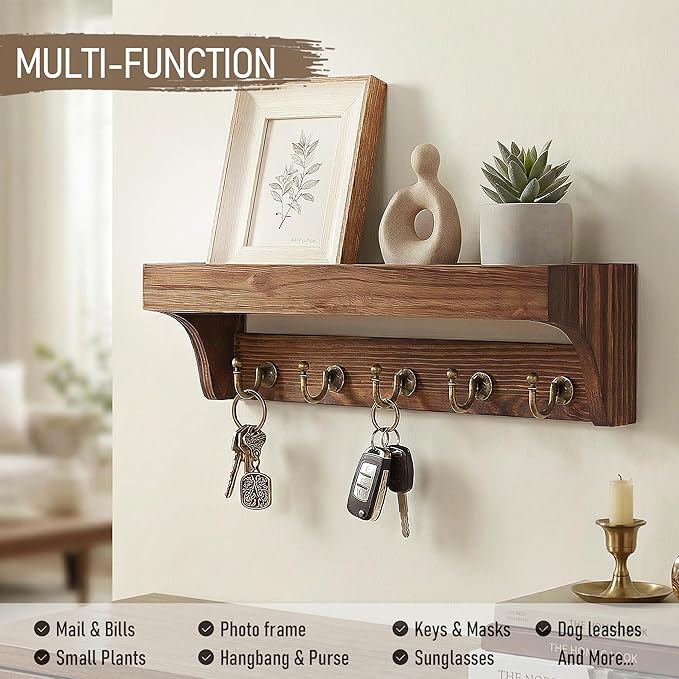 Rebee Vision Pine Wood Key Holder Wall Mount - Multifunctional Key Holder for Wall with Hooks and Shelf for Mail, and Hats - 