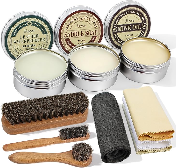 10Pcs Leather Care Kit- 3Pcs Horsehair Brushes, 1.76oz Saddle Soap, 1.76oz Mink Oil and Wax Waterproofer