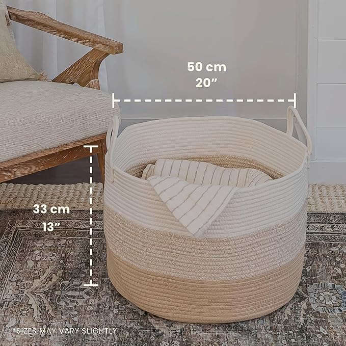 OrganiHaus Large Woven Storage Basket for Blankets and Toys 20" x 13" Inch, Rope Laundry Basket with Handles, Cushions & Pill