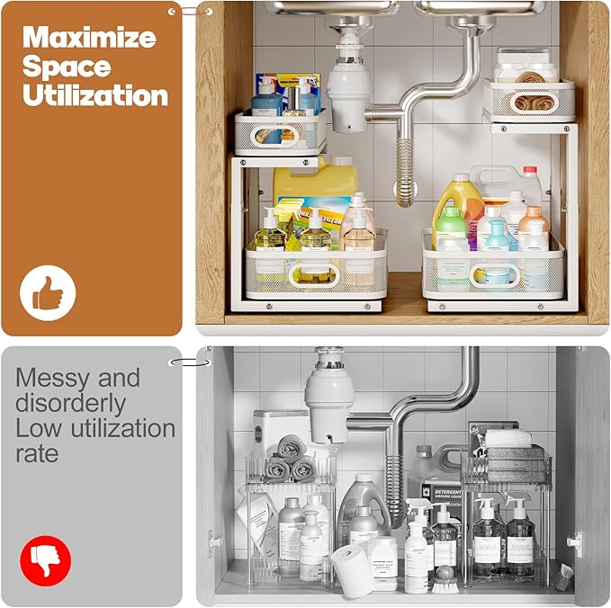 2 Pack Under Sink Organizer With Smooth Cylindrical Rail,2-Tier Pull Out Multi-Purpose Cabinet Storage for Bathroom&Kitchen,H