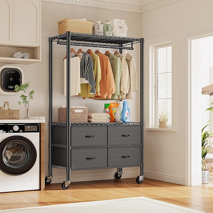 Raybee Clothes Rack Heavy Duty Clothing Rack with Rolling Wheels & 4 Drawers, Clothing Racks for Hanging Clothes with Drawers