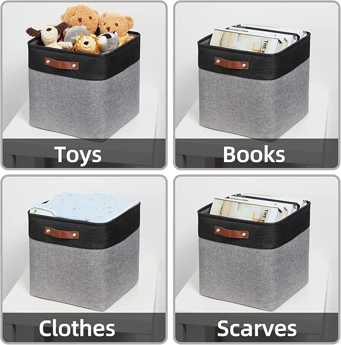 HNZIGE Storage Foldable Baskets Cubes Set(3 Pack) Fabric Bins for Shelves,13 Inch Storage Basket for Organizing with Leather 
