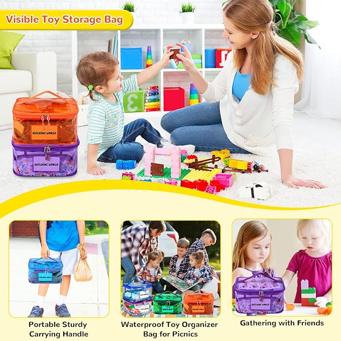 Tesuko 6 Pack Clear Toy Storage Bag with Name Tag& Manual Pocket, Waterproof Transparent PVC Toy Organizer Case for Lego Bric