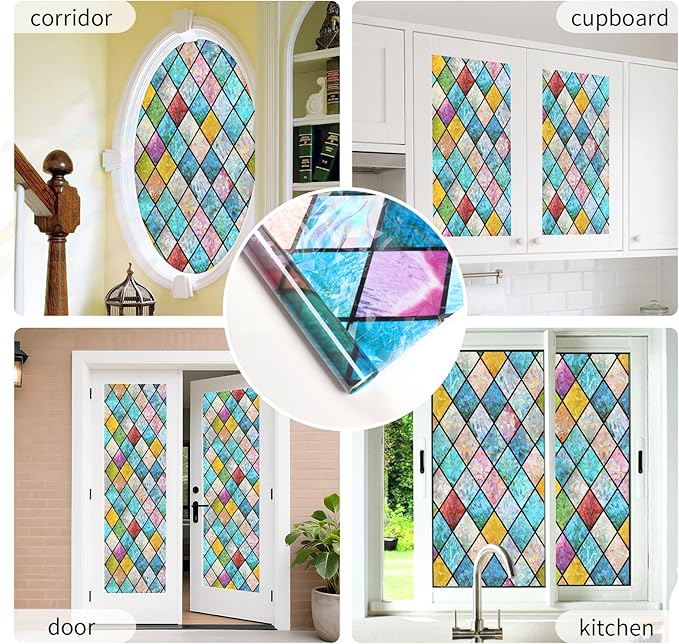 WPCTEV 3D Window Film No Glue Privacy for Glass Sticker Static Cling Heat Control Anti UV Non-Adhesive Decorative Rhombus 35.4 Inch x 6.5 Feet
