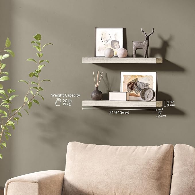 Ballucci Floating Shelves, 24" Wood Wall Shelf Set of 2, with Invisible Brackets for Bathroom, Living Room, Bedroom, Kitchen,