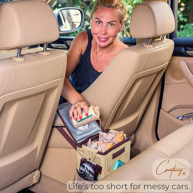 Creathing Car Trash Can [Touring Edition] - Removable Liner - 100% Leakproof, Odor Control Lid, Hanging Garbage Bin for SUV, Truck, Car (2 Gal, Beige)