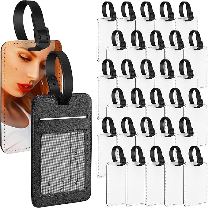 Frienda 32 Pieces Sublimation Luggage Tags Bulk PU Leather Name Label Blank Suitcase Heat Transfer Bag Card Business ID Card 