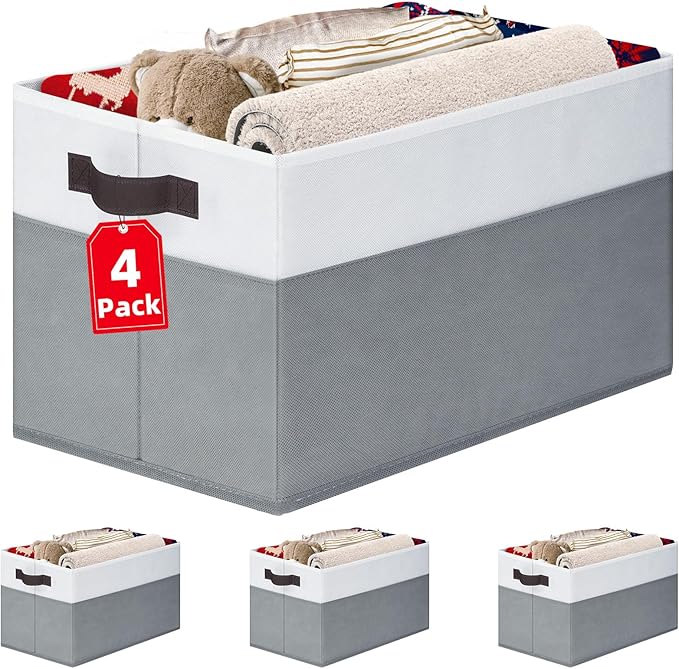 4 Pack Large Closet Storage Baskets Bins for Shelves | Fabric Closet Organizers and Storage with Handles Home Organization | 