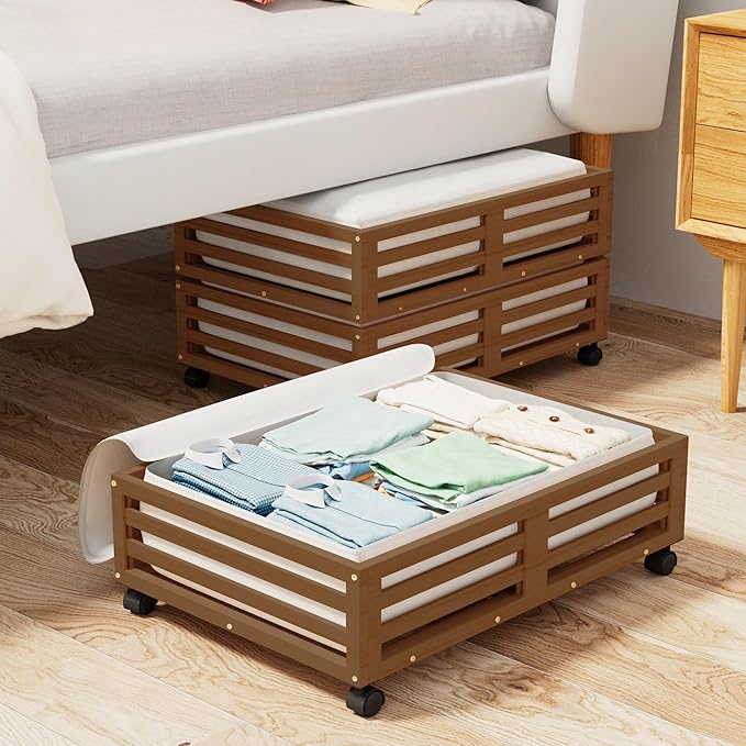 Wisuce Bamboo Under Bed Storage Containers- Underbed Organizer with Wheels with Large Dust Bag,Sturdy Wood Rolling Under the 