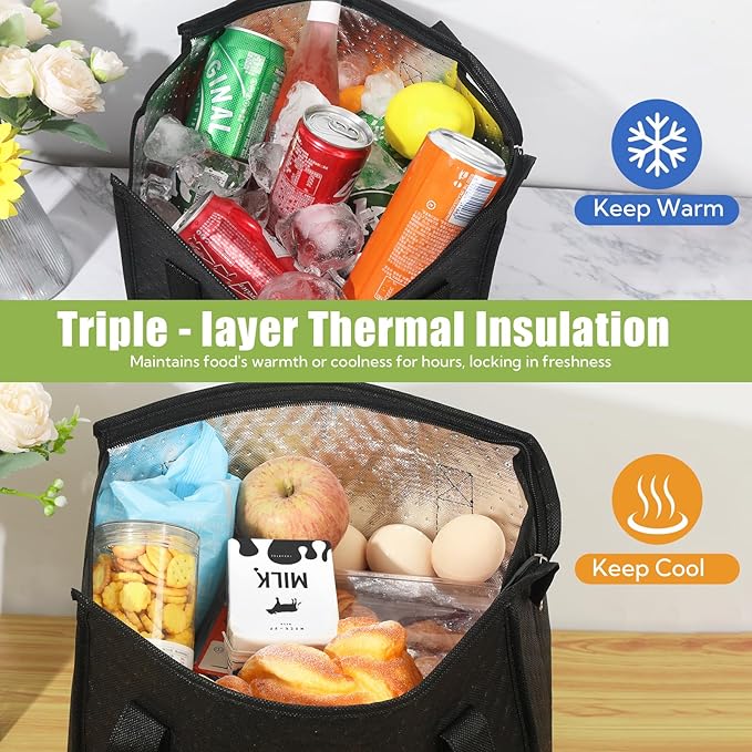 20 Pcs Insulated Shopping Bags for Groceries with Zipper & Handles, Large Foldable Cooler Bags for Hot & Cold Food