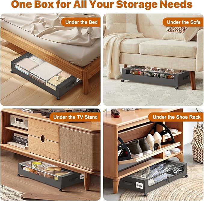 Under Bed Storage with Wheels,XXL 60L Under Bed Storage Containers with Clear Lids, Rolling Under Bed Metal Drawer for Clothe