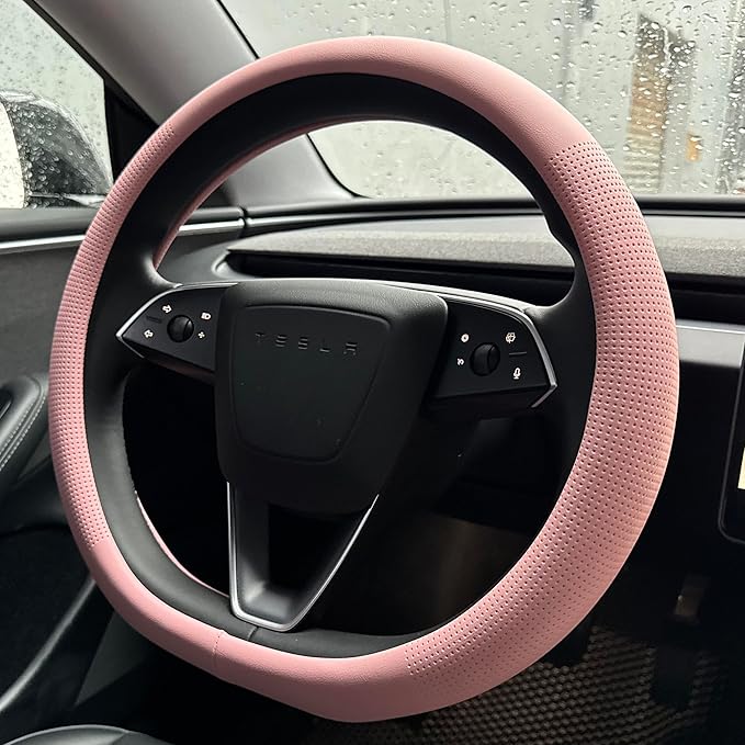 PINCTROT Nappa Leather Steering Wheel Cover for Tesla Model Y/3 Highland/Juniper, D Shaped 14 Inch Small Sized with Breathabl