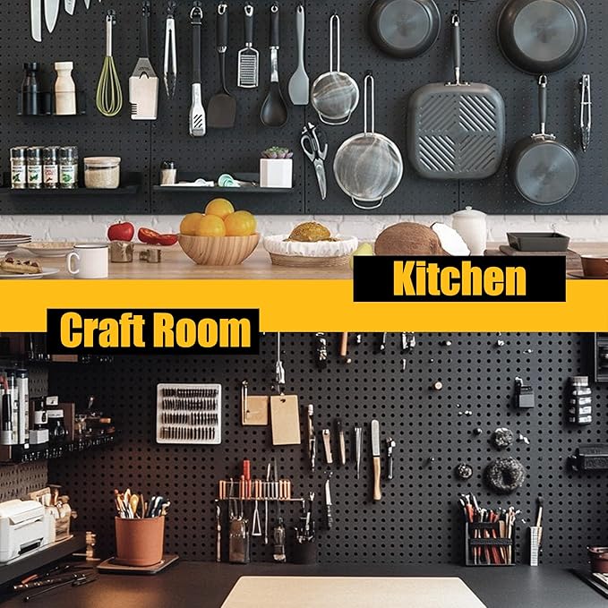 Spampur Peg Board, 8 Pack Metal Pegboard Panels with 50 Hooks, Black Pegboards Wall Organizer, Heavy Duty Peg Board for Walls